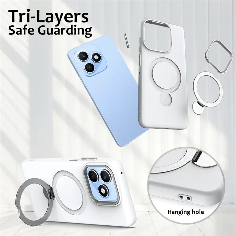For Honor X8d 4G Magnetic Case Rotating Ring Kickstand TPU + PC Back Cover - White
