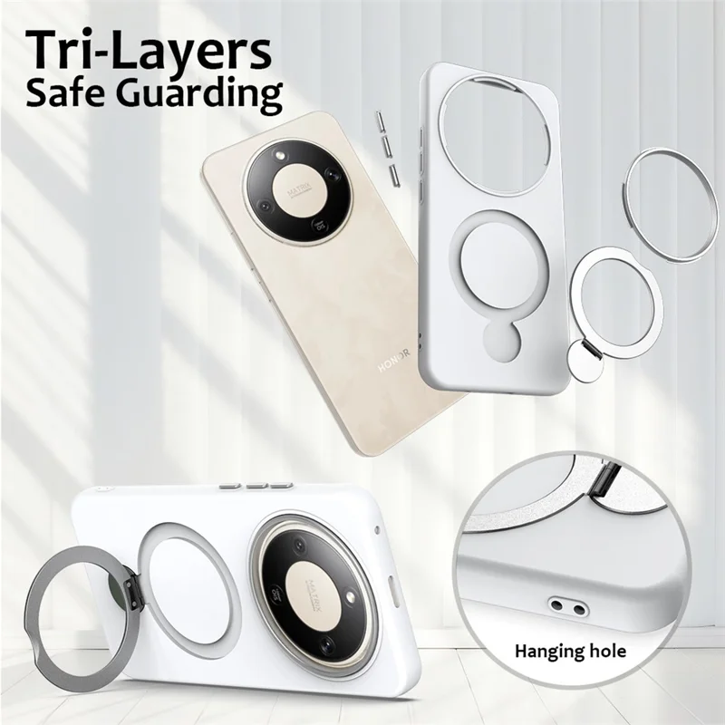 For Honor X70 5G  /  X9d 5G  /  Magic8 Lite 5G Magnetic Case Rotating Ring Kickstand TPU + PC Back Cover - White