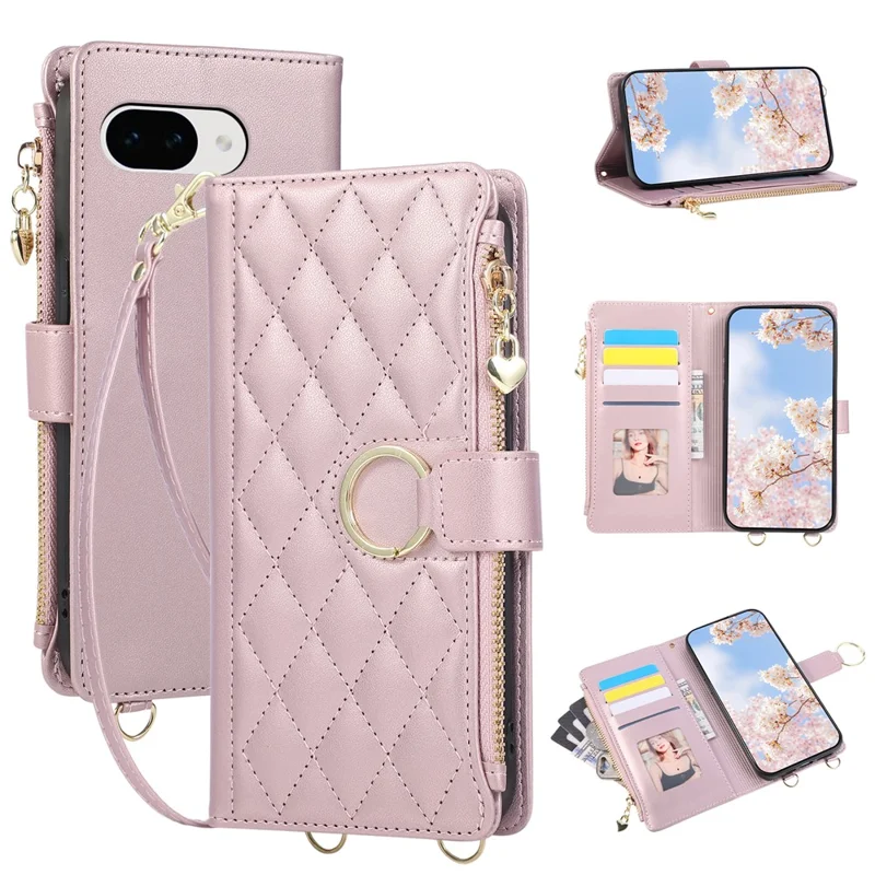 For Google Pixel 10a Case Magnetic Ring Buckle Zipper Pocket Rhombic Leather Phone Cover with Wrist Strap - Pink