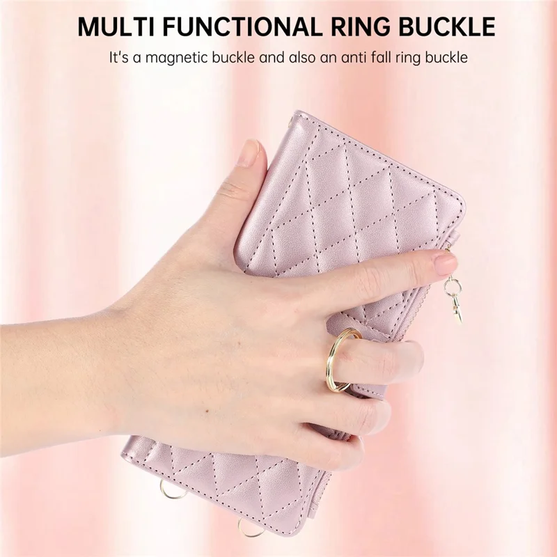 For Google Pixel 10a Case Magnetic Ring Buckle Zipper Pocket Rhombic Leather Phone Cover with Wrist Strap - Pink