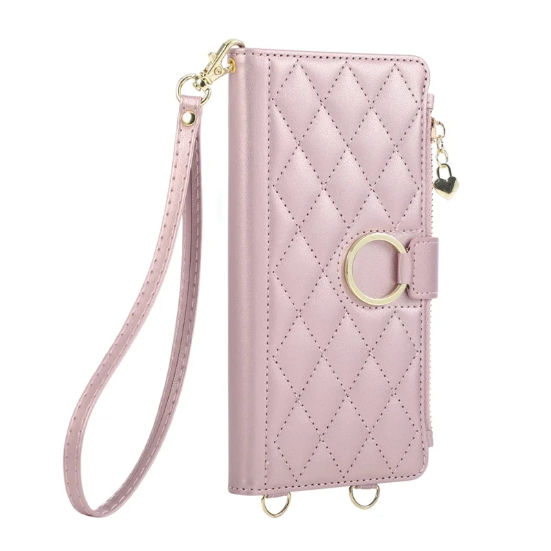 For Google Pixel 10a Case Magnetic Ring Buckle Zipper Pocket Rhombic Leather Phone Cover with Wrist Strap - Pink