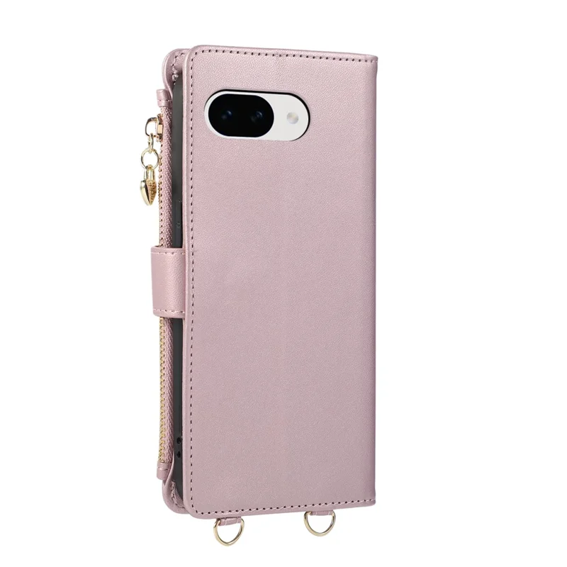For Google Pixel 10a Case Magnetic Ring Buckle Zipper Pocket Rhombic Leather Phone Cover with Wrist Strap - Pink