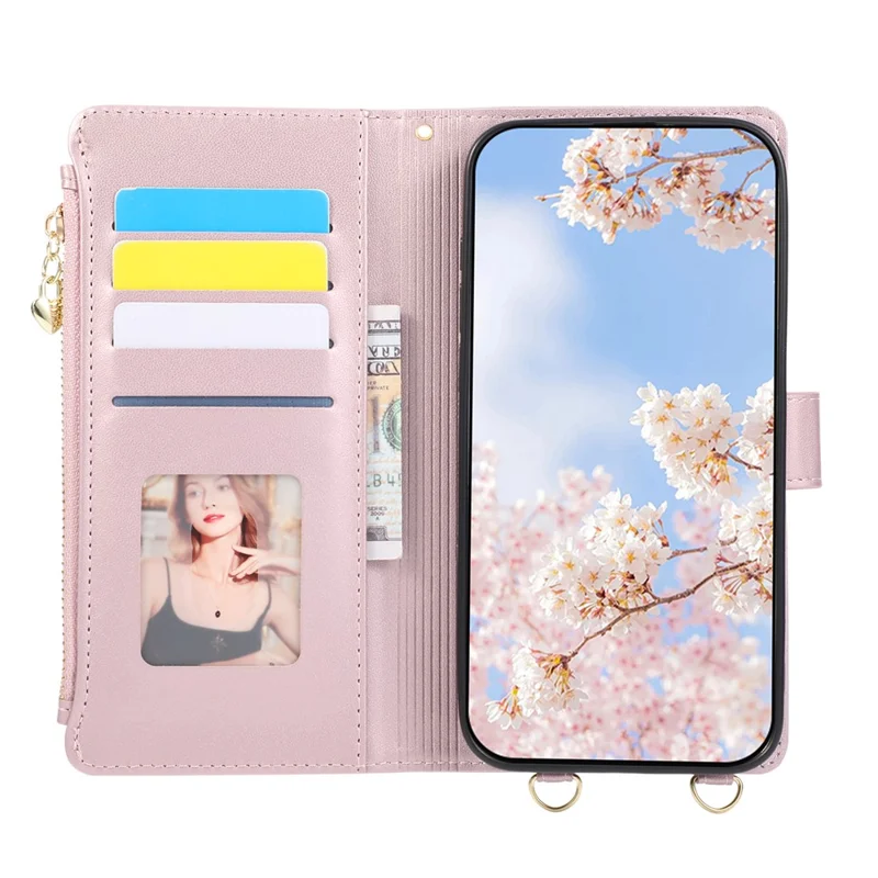 For Google Pixel 10a Case Magnetic Ring Buckle Zipper Pocket Rhombic Leather Phone Cover with Wrist Strap - Pink