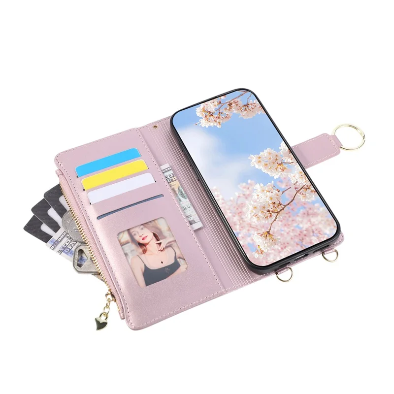 For Google Pixel 10a Case Magnetic Ring Buckle Zipper Pocket Rhombic Leather Phone Cover with Wrist Strap - Pink