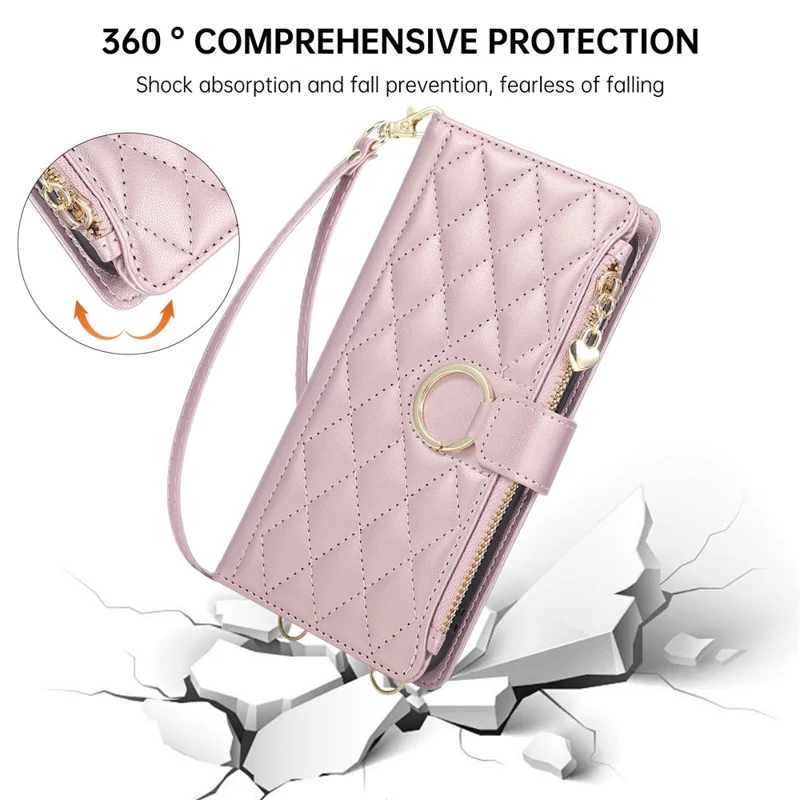 For Google Pixel 10a Case Magnetic Ring Buckle Zipper Pocket Rhombic Leather Phone Cover with Wrist Strap - Pink