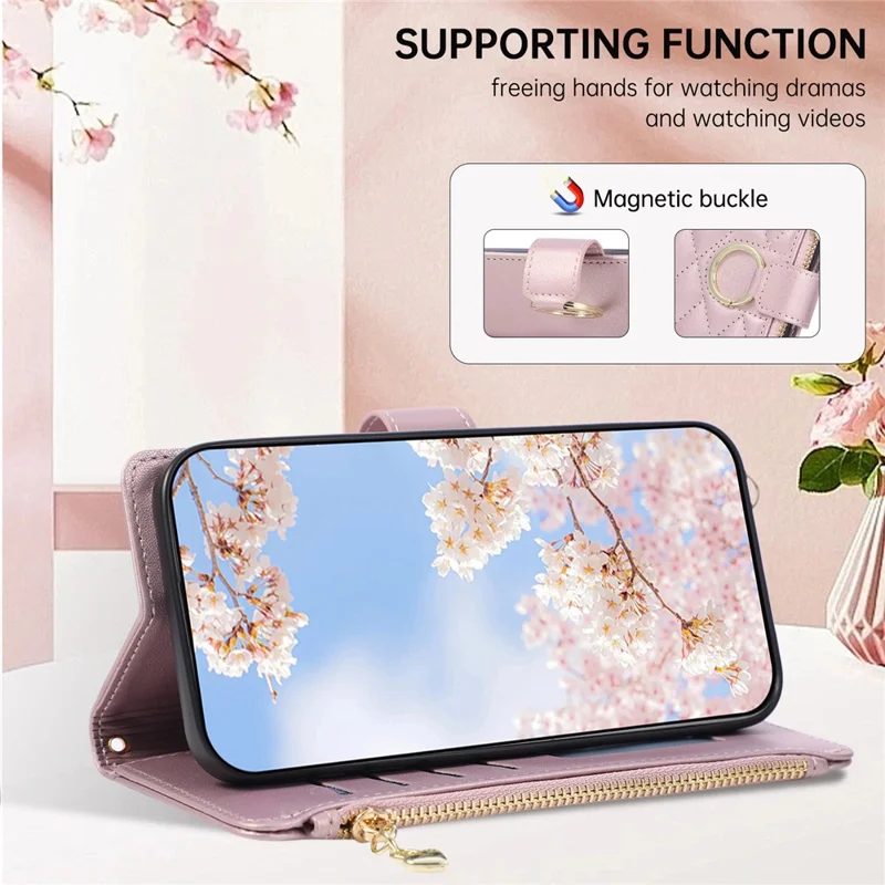 For Google Pixel 10a Case Magnetic Ring Buckle Zipper Pocket Rhombic Leather Phone Cover with Wrist Strap - Pink