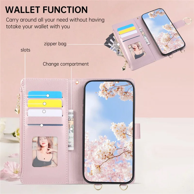 For Google Pixel 10a Case Magnetic Ring Buckle Zipper Pocket Rhombic Leather Phone Cover with Wrist Strap - Pink