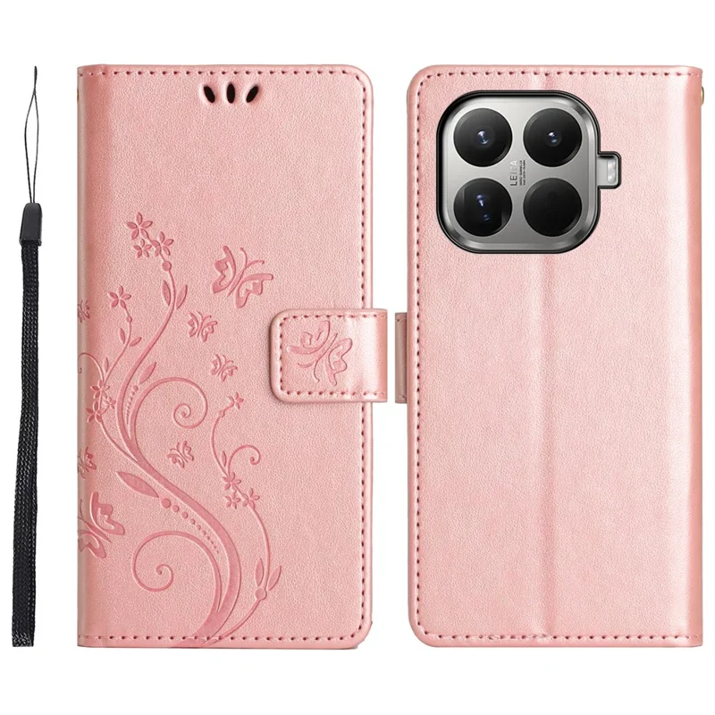 For Xiaomi 17T Leather Wallet Case Butterfly Flower Imprinted Phone Cover with Strap - Rose Gold