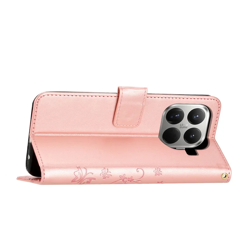 For Xiaomi 17T Leather Wallet Case Butterfly Flower Imprinted Phone Cover with Strap - Rose Gold