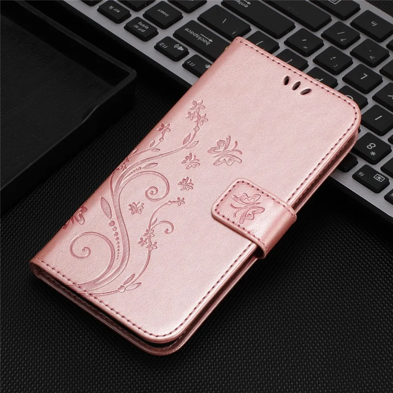 For Xiaomi 17T Leather Wallet Case Butterfly Flower Imprinted Phone Cover with Strap - Rose Gold