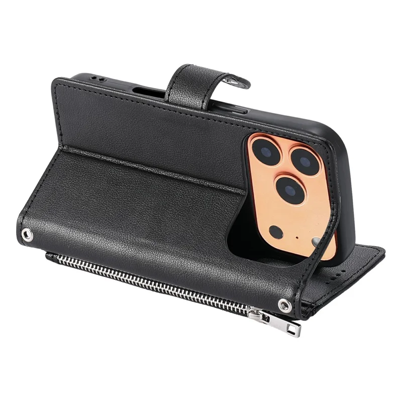 Plånboksfodral för iPhone 17 Pro, ficka med krokodilstruktur och blixtlås, ställfunktion, läder, vikbar mobilhölse med handledsband - Svart
