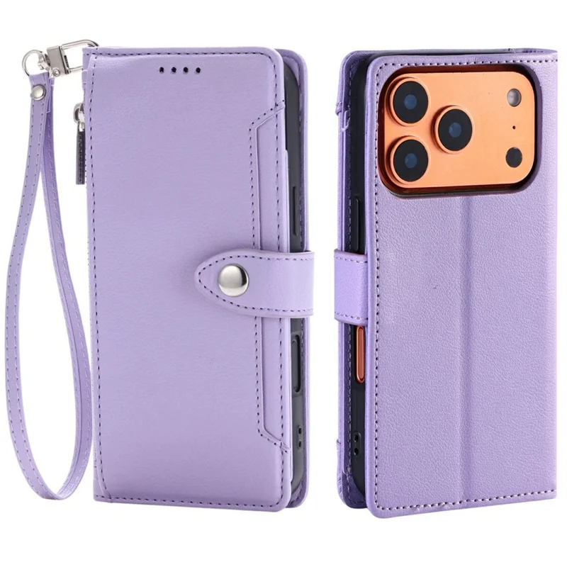 Wallet Case for iPhone 17 Pro Litchi Texture Zipper Pocket Stand Leather Flip Phone Cover with Wrist Strap - Purple