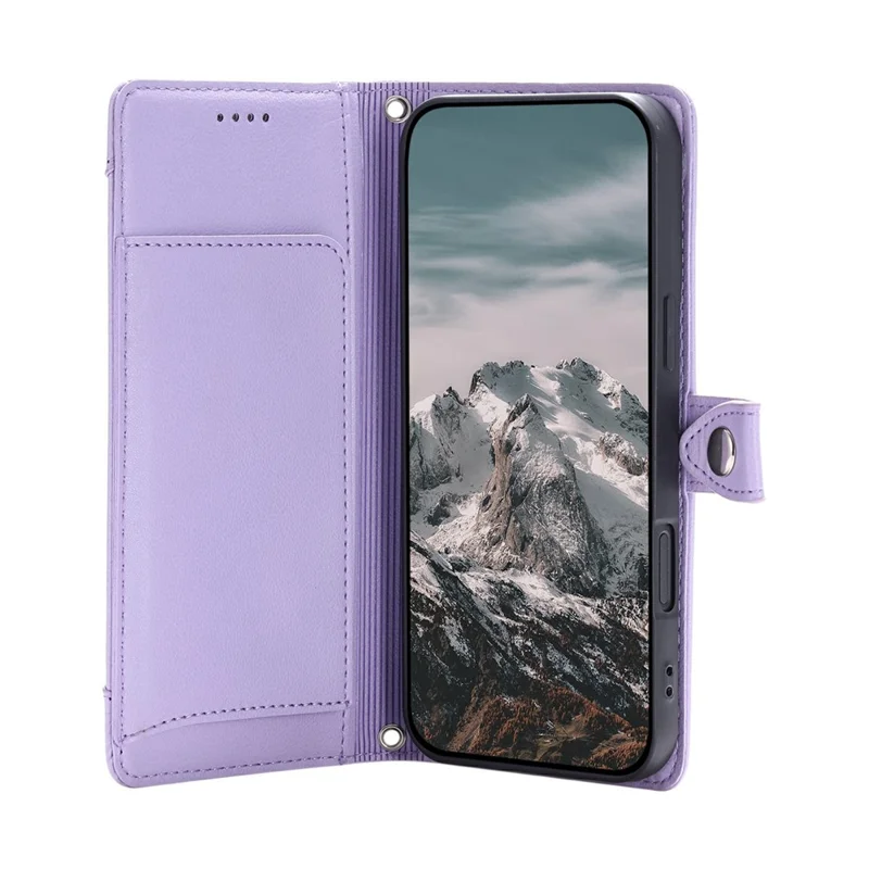Wallet Case for iPhone 17 Pro Litchi Texture Zipper Pocket Stand Leather Flip Phone Cover with Wrist Strap - Purple