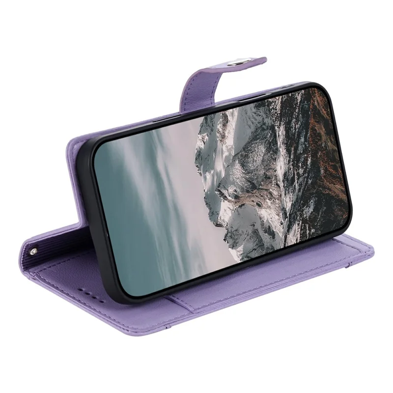 Wallet Case for iPhone 17 Pro Litchi Texture Zipper Pocket Stand Leather Flip Phone Cover with Wrist Strap - Purple