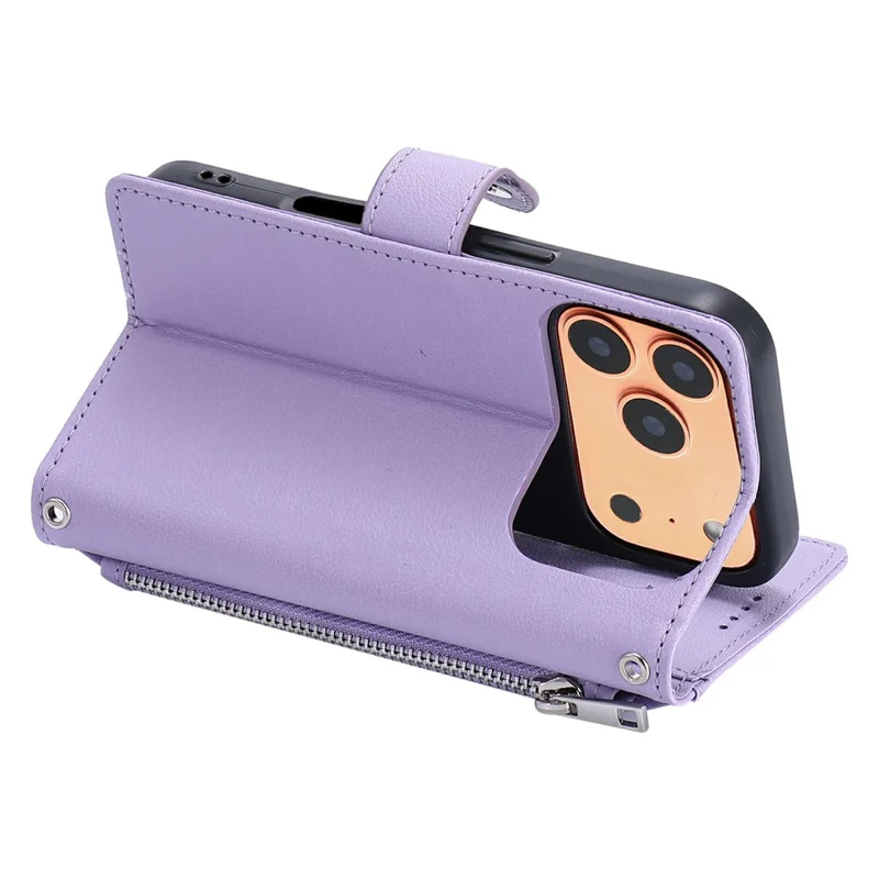 Wallet Case for iPhone 17 Pro Litchi Texture Zipper Pocket Stand Leather Flip Phone Cover with Wrist Strap - Purple