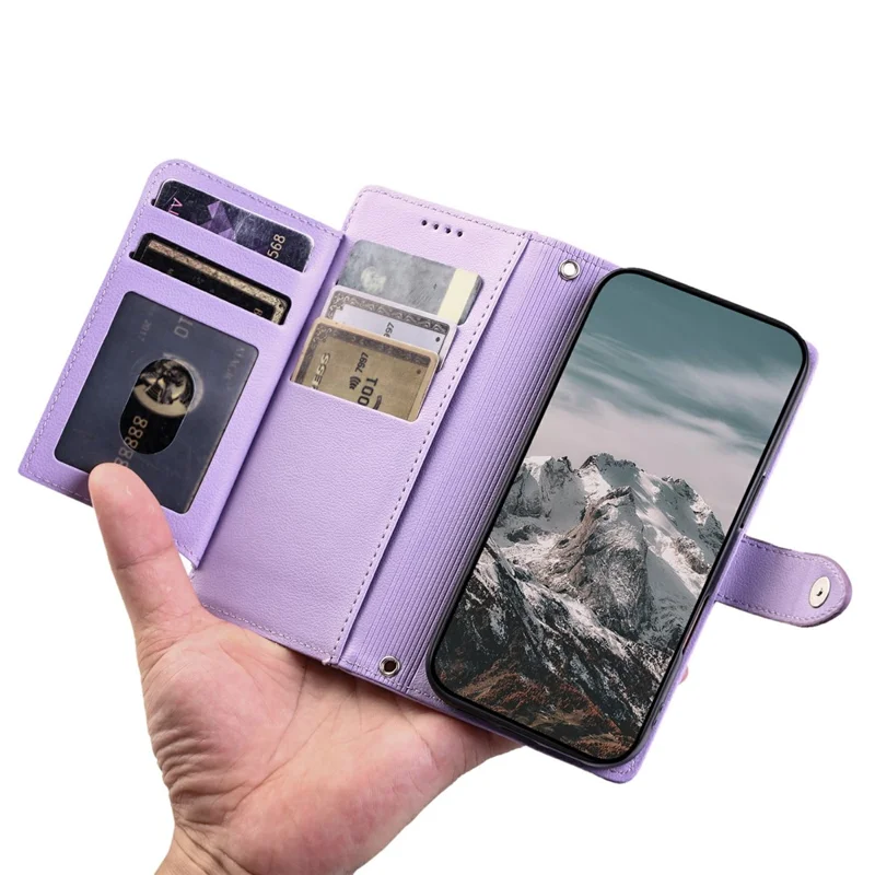 Wallet Case for iPhone 17 Pro Litchi Texture Zipper Pocket Stand Leather Flip Phone Cover with Wrist Strap - Purple