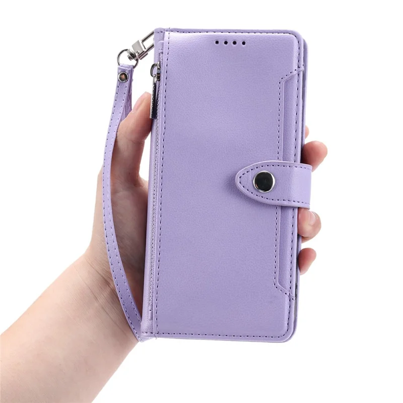 Wallet Case for iPhone 17 Pro Litchi Texture Zipper Pocket Stand Leather Flip Phone Cover with Wrist Strap - Purple