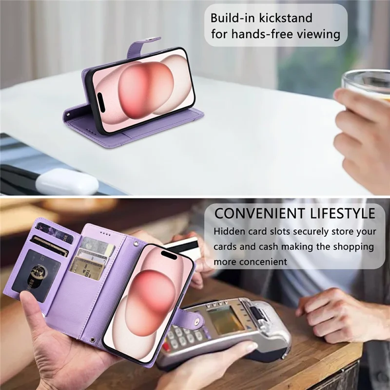 Wallet Case for iPhone 17 Pro Litchi Texture Zipper Pocket Stand Leather Flip Phone Cover with Wrist Strap - Purple
