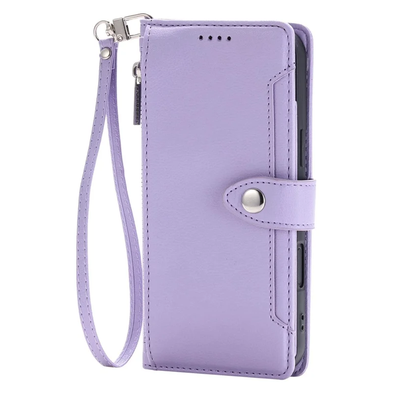 Wallet Case for iPhone 17 Pro Litchi Texture Zipper Pocket Stand Leather Flip Phone Cover with Wrist Strap - Purple