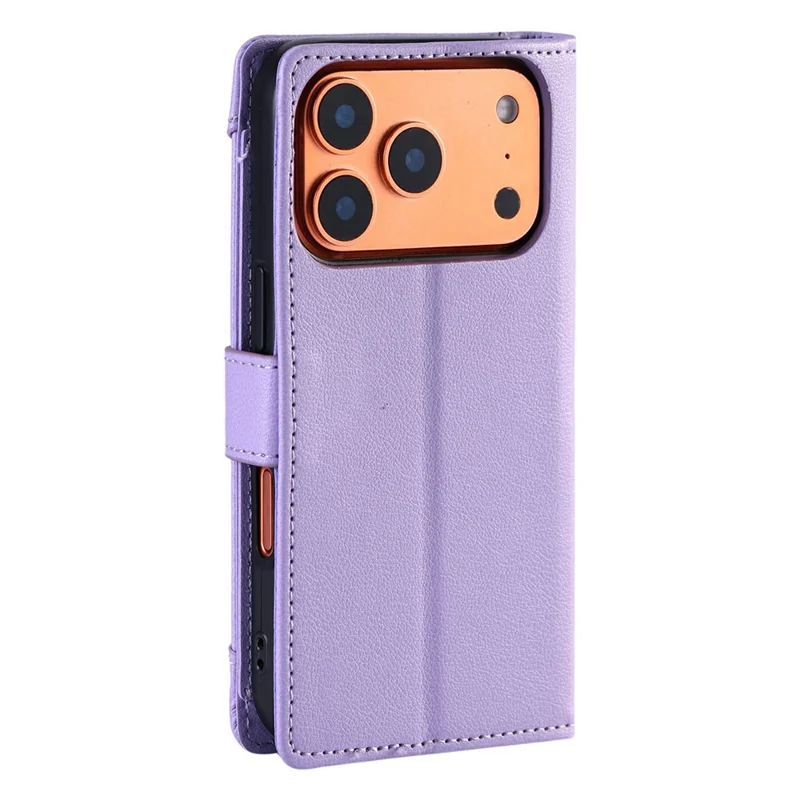 Wallet Case for iPhone 17 Pro Litchi Texture Zipper Pocket Stand Leather Flip Phone Cover with Wrist Strap - Purple
