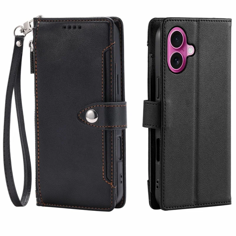 Wallet Case for iPhone 17 Litchi Texture Zipper Pocket Stand Leather Flip Phone Cover with Wrist Strap - Black
