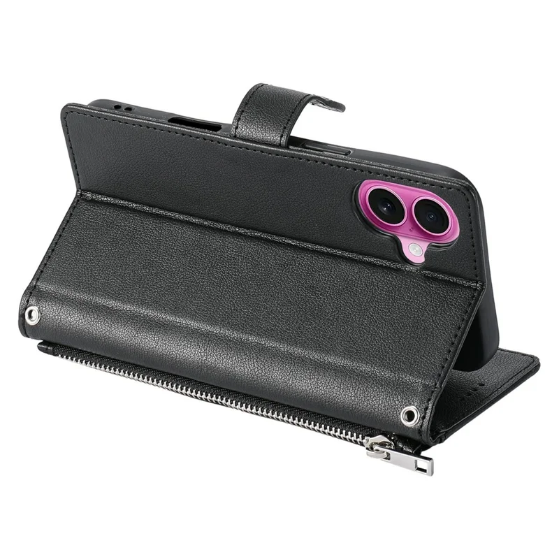 Wallet Case for iPhone 17 Litchi Texture Zipper Pocket Stand Leather Flip Phone Cover with Wrist Strap - Black