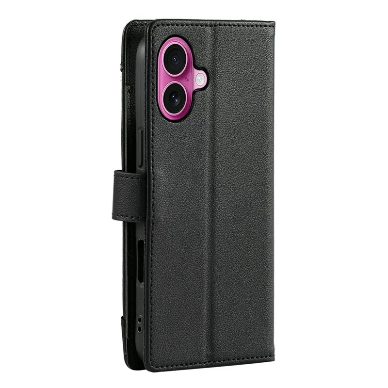 Wallet Case for iPhone 17 Litchi Texture Zipper Pocket Stand Leather Flip Phone Cover with Wrist Strap - Black