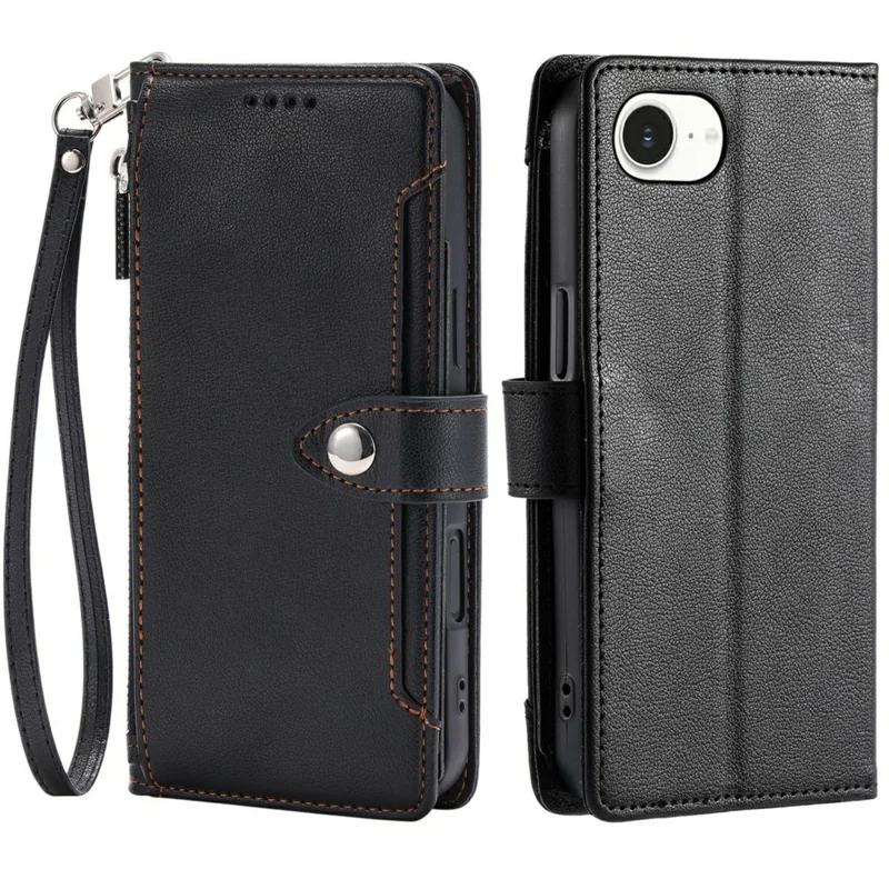 Funda con cartera para iPhone 16e / 17e, textura de piel de cocodrilo, bolsillo con cremallera, soporte, funda abatible de cuero con correa de muñeca - Negro