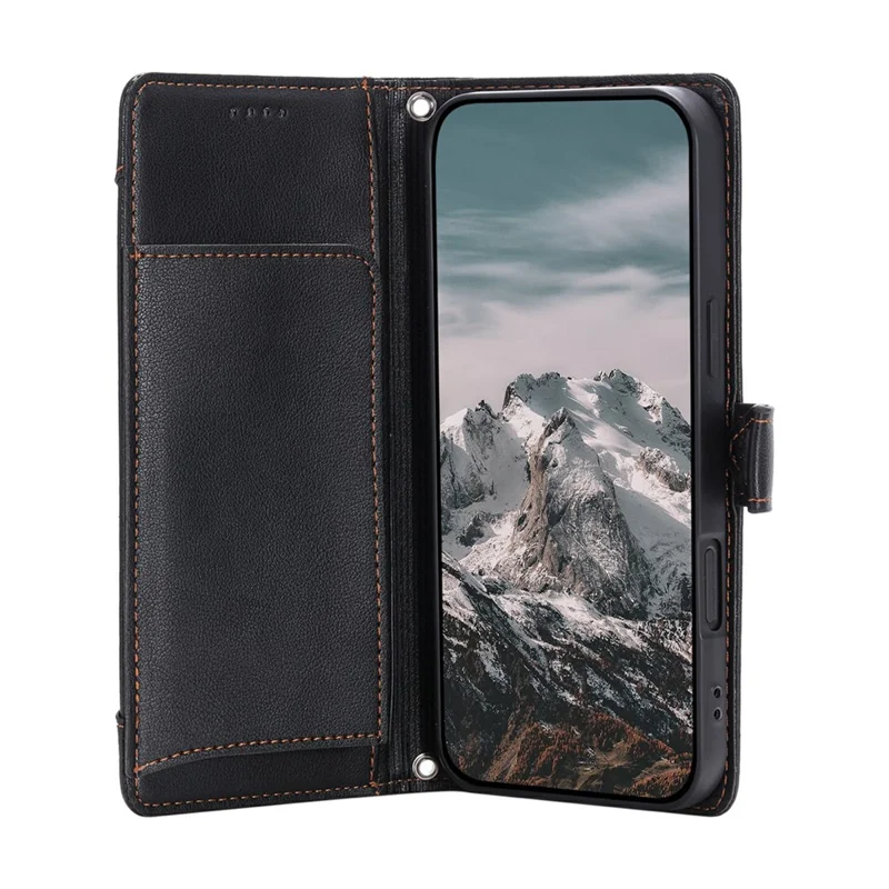 Funda con cartera para iPhone 16e / 17e, textura de piel de cocodrilo, bolsillo con cremallera, soporte, funda abatible de cuero con correa de muñeca - Negro