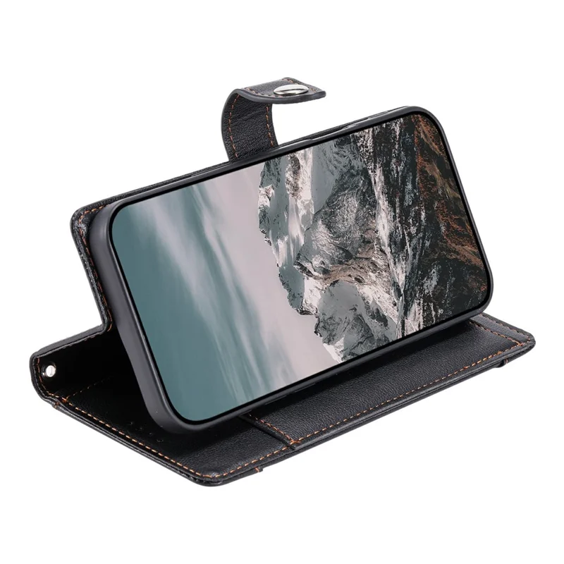 Funda con cartera para iPhone 16e / 17e, textura de piel de cocodrilo, bolsillo con cremallera, soporte, funda abatible de cuero con correa de muñeca - Negro