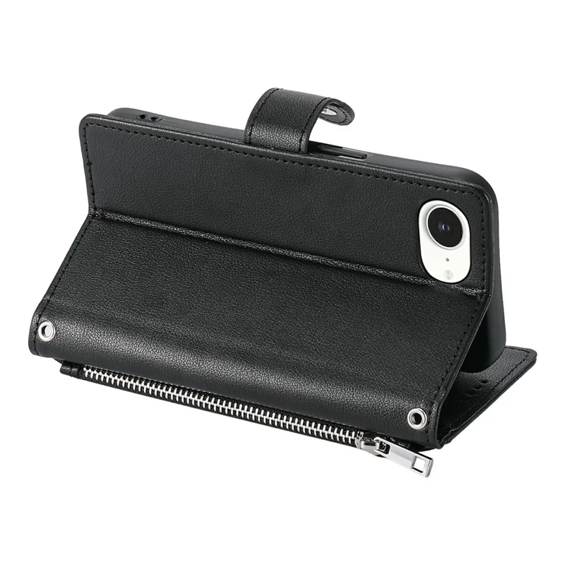 Funda con cartera para iPhone 16e / 17e, textura de piel de cocodrilo, bolsillo con cremallera, soporte, funda abatible de cuero con correa de muñeca - Negro