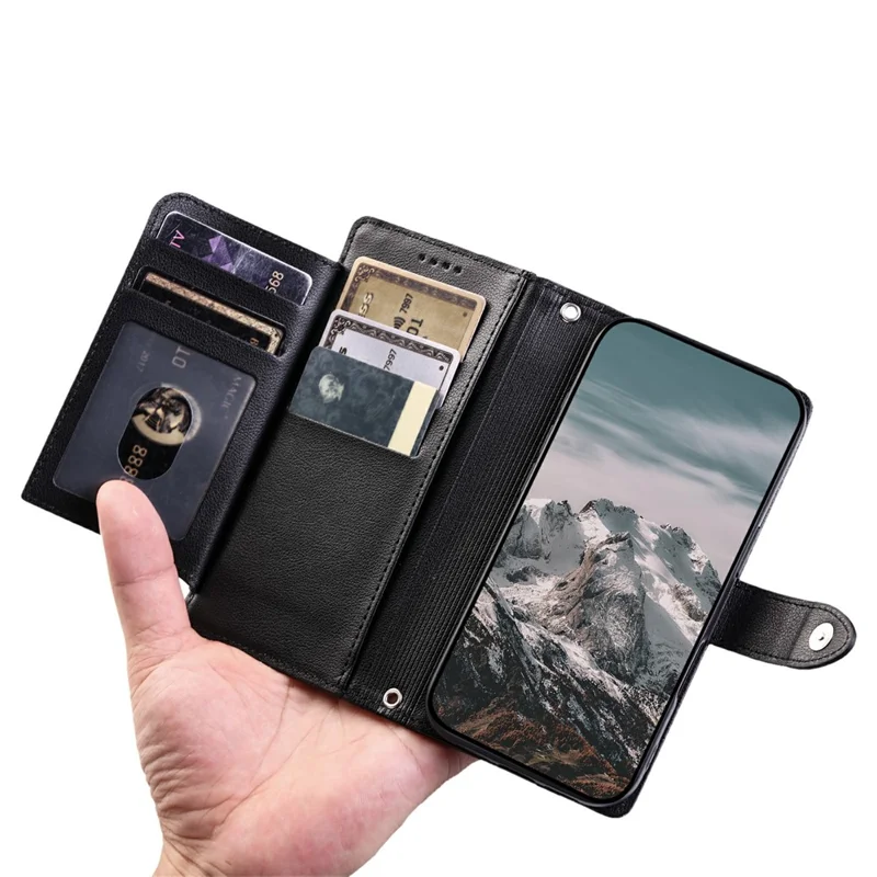 Funda con cartera para iPhone 16e / 17e, textura de piel de cocodrilo, bolsillo con cremallera, soporte, funda abatible de cuero con correa de muñeca - Negro
