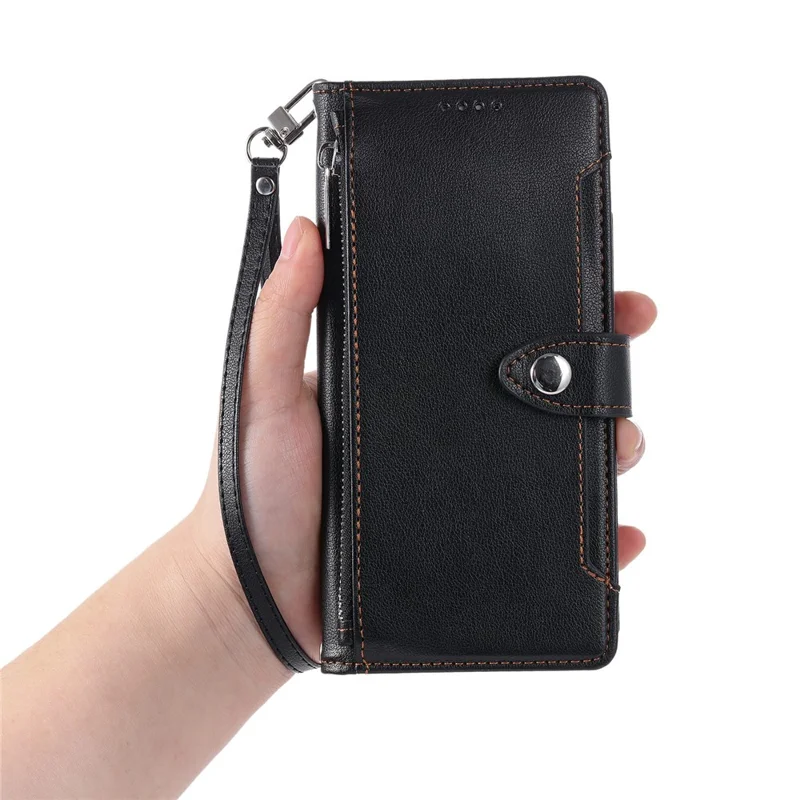 Funda con cartera para iPhone 16e / 17e, textura de piel de cocodrilo, bolsillo con cremallera, soporte, funda abatible de cuero con correa de muñeca - Negro