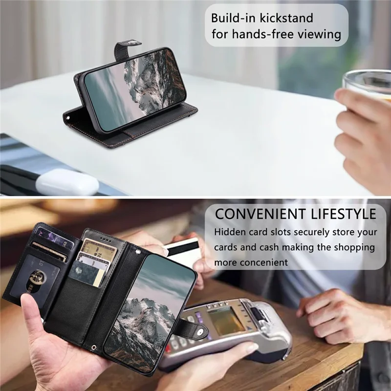 Funda con cartera para iPhone 16e / 17e, textura de piel de cocodrilo, bolsillo con cremallera, soporte, funda abatible de cuero con correa de muñeca - Negro