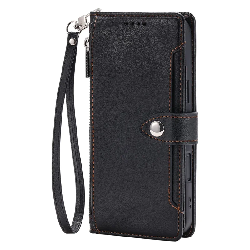 Funda con cartera para iPhone 16e / 17e, textura de piel de cocodrilo, bolsillo con cremallera, soporte, funda abatible de cuero con correa de muñeca - Negro