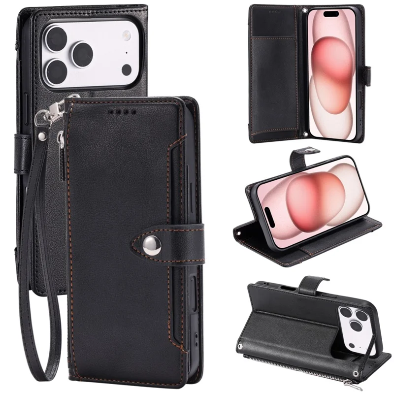 Capa Carteira para iPhone 17 Pro Max Textura Lichia Bolso com Zíper Suporte Capa de Telefone em Couro com Alça de Pulso - Preto