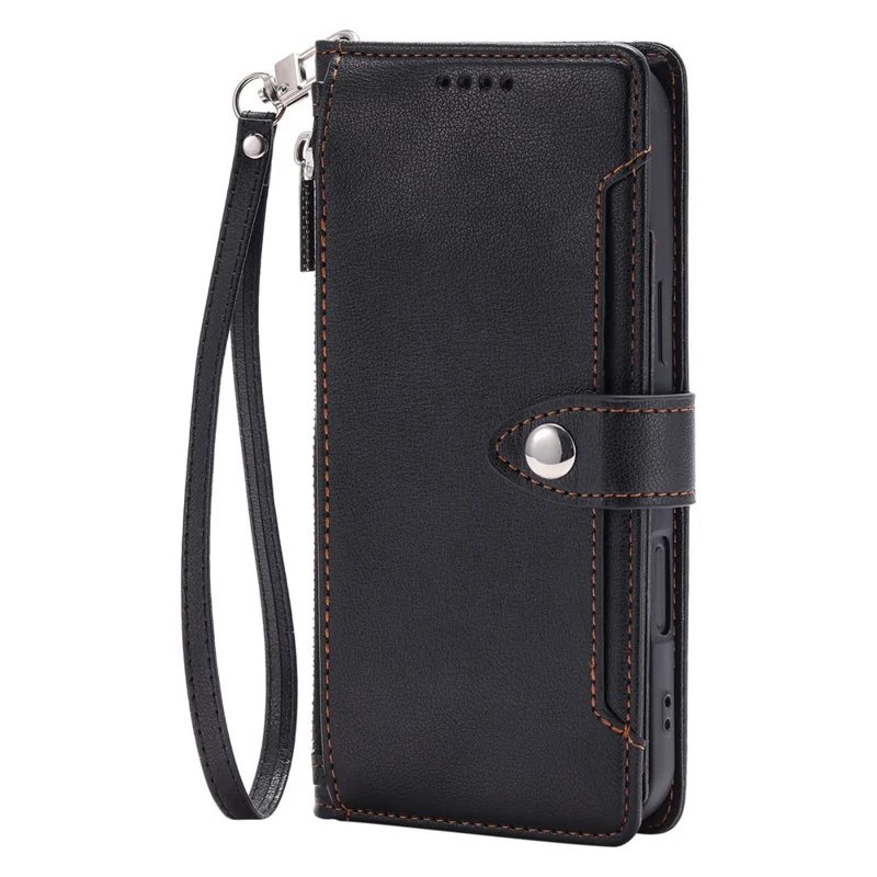 Capa Carteira para iPhone 17 Pro Max Textura Lichia Bolso com Zíper Suporte Capa de Telefone em Couro com Alça de Pulso - Preto
