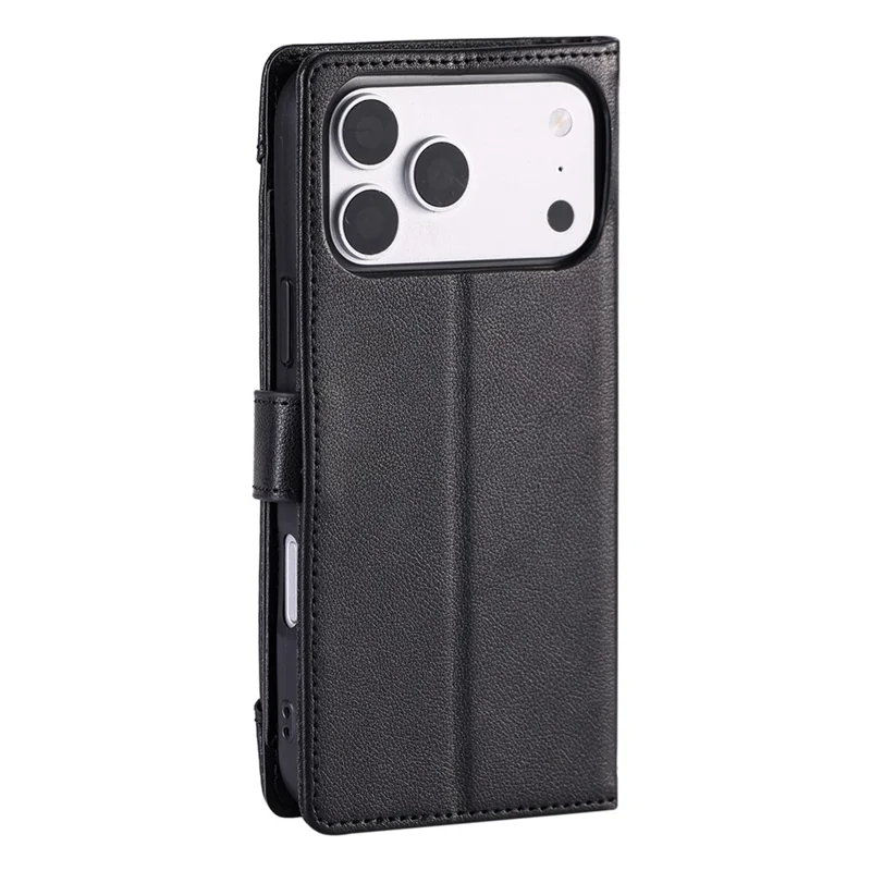 Capa Carteira para iPhone 17 Pro Max Textura Lichia Bolso com Zíper Suporte Capa de Telefone em Couro com Alça de Pulso - Preto