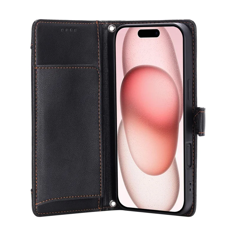 Capa Carteira para iPhone 17 Pro Max Textura Lichia Bolso com Zíper Suporte Capa de Telefone em Couro com Alça de Pulso - Preto