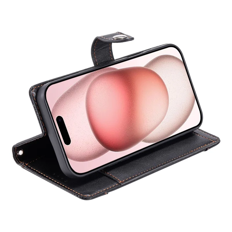 Capa Carteira para iPhone 17 Pro Max Textura Lichia Bolso com Zíper Suporte Capa de Telefone em Couro com Alça de Pulso - Preto