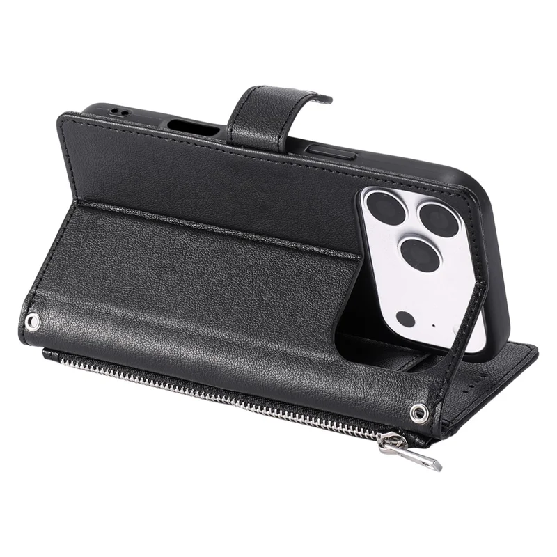 Capa Carteira para iPhone 17 Pro Max Textura Lichia Bolso com Zíper Suporte Capa de Telefone em Couro com Alça de Pulso - Preto