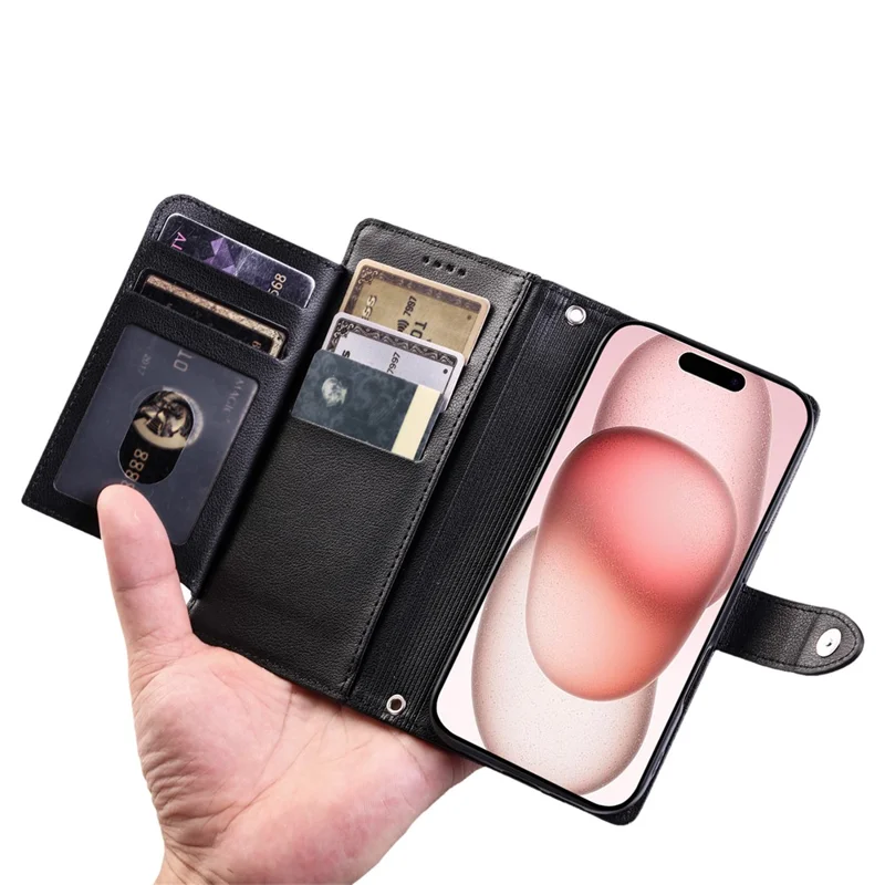 Capa Carteira para iPhone 17 Pro Max Textura Lichia Bolso com Zíper Suporte Capa de Telefone em Couro com Alça de Pulso - Preto