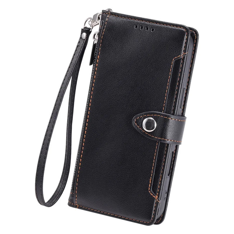 Capa Carteira para iPhone 17 Pro Max Textura Lichia Bolso com Zíper Suporte Capa de Telefone em Couro com Alça de Pulso - Preto