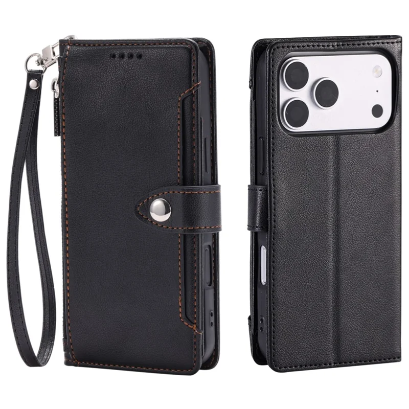 Capa Carteira para iPhone 17 Pro Max Textura Lichia Bolso com Zíper Suporte Capa de Telefone em Couro com Alça de Pulso - Preto