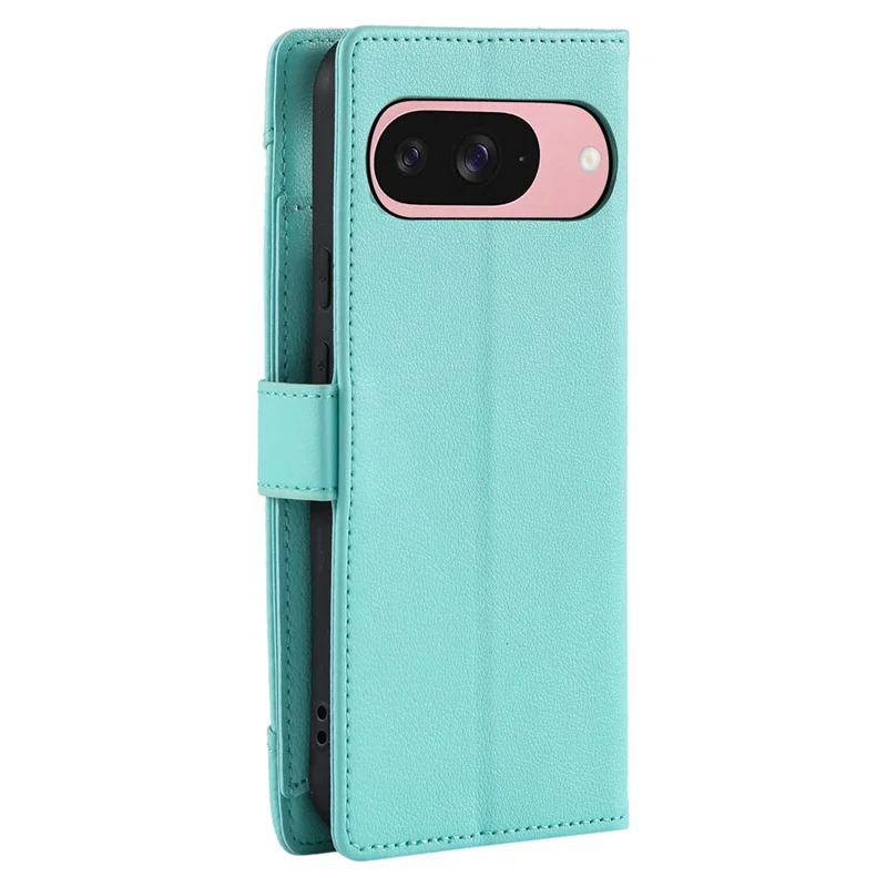Wallet Case for Google Pixel 9  /  9 Pro  /  10  /  10 Pro Litchi Texture Zipper Pocket Stand Leather Flip Phone Cover with Wrist Strap - Mint Green