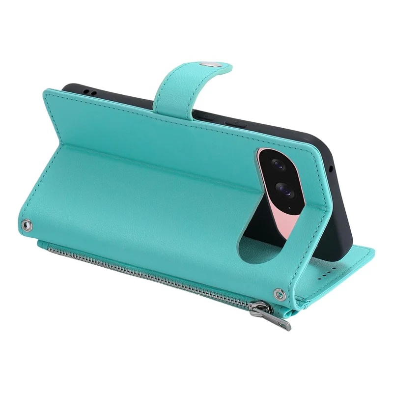 Wallet Case for Google Pixel 9  /  9 Pro  /  10  /  10 Pro Litchi Texture Zipper Pocket Stand Leather Flip Phone Cover with Wrist Strap - Mint Green