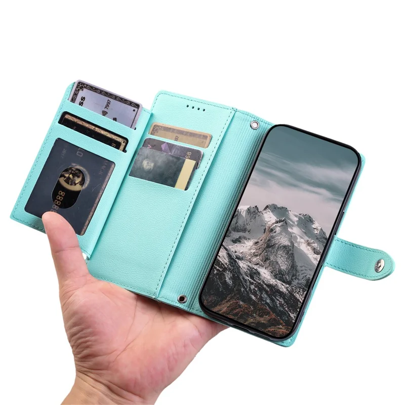 Wallet Case for Google Pixel 9  /  9 Pro  /  10  /  10 Pro Litchi Texture Zipper Pocket Stand Leather Flip Phone Cover with Wrist Strap - Mint Green