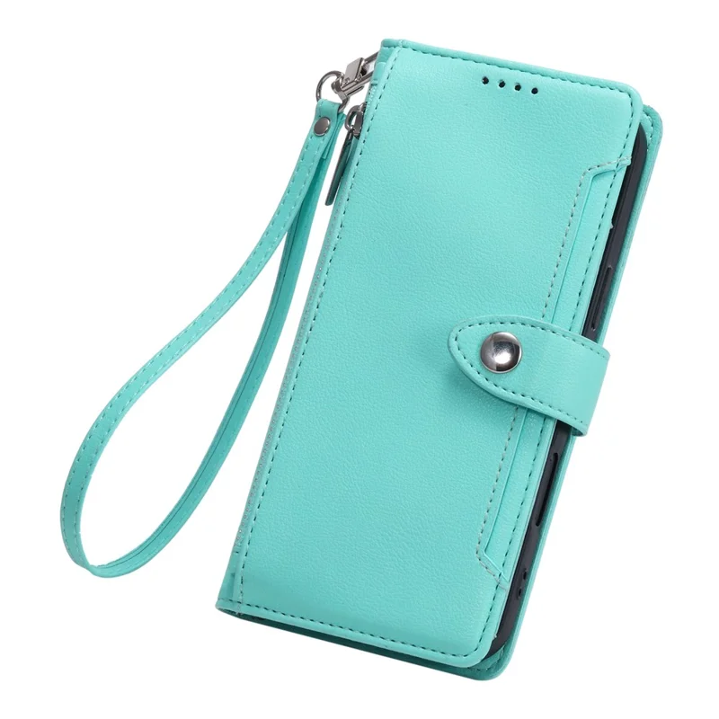 Wallet Case for Google Pixel 9  /  9 Pro  /  10  /  10 Pro Litchi Texture Zipper Pocket Stand Leather Flip Phone Cover with Wrist Strap - Mint Green
