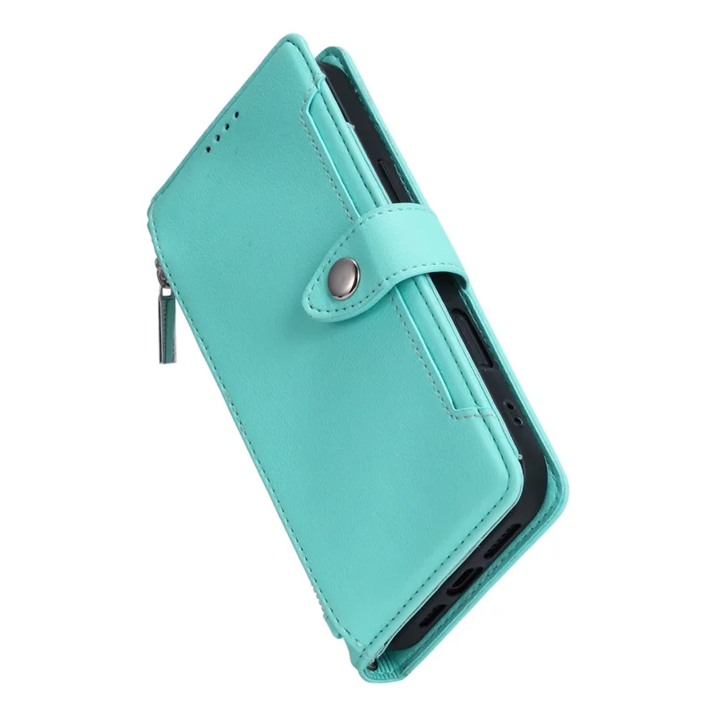 Wallet Case for Google Pixel 9  /  9 Pro  /  10  /  10 Pro Litchi Texture Zipper Pocket Stand Leather Flip Phone Cover with Wrist Strap - Mint Green
