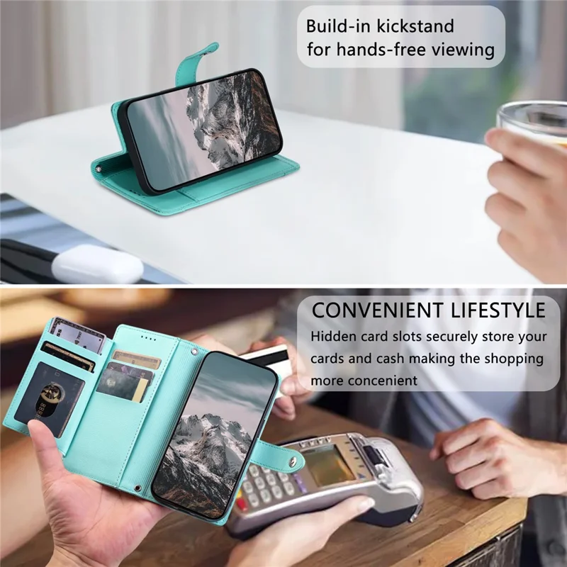 Wallet Case for Google Pixel 9  /  9 Pro  /  10  /  10 Pro Litchi Texture Zipper Pocket Stand Leather Flip Phone Cover with Wrist Strap - Mint Green